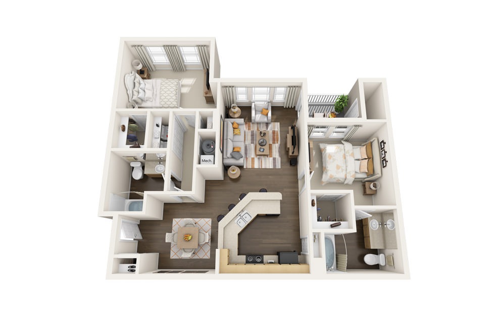 The Whippoorwill - 2 bedroom floorplan layout with 2 baths and 1133 square feet.