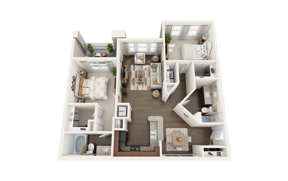 The Willow - 2 bedroom floorplan layout with 2 baths and 1211 square feet.