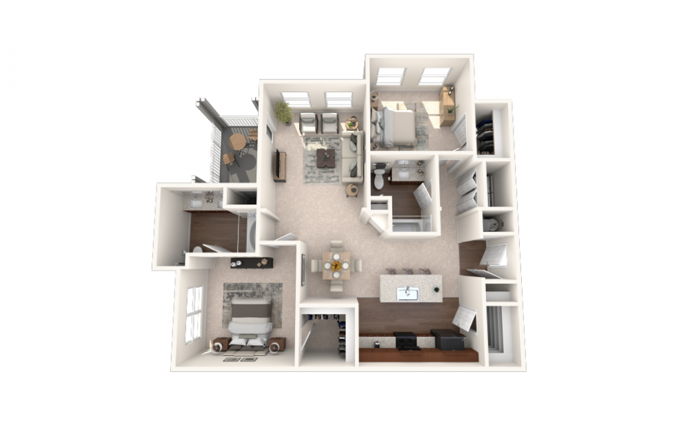 The Hummingbird - 2 bedroom floorplan layout with 2 baths and 1279 square feet. (Carpet)
