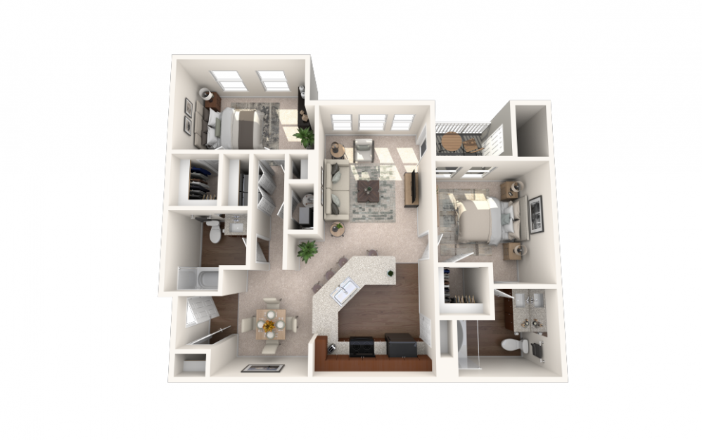 The Whippoorwill - 2 bedroom floorplan layout with 2 baths and 1133 square feet. (Carpet)
